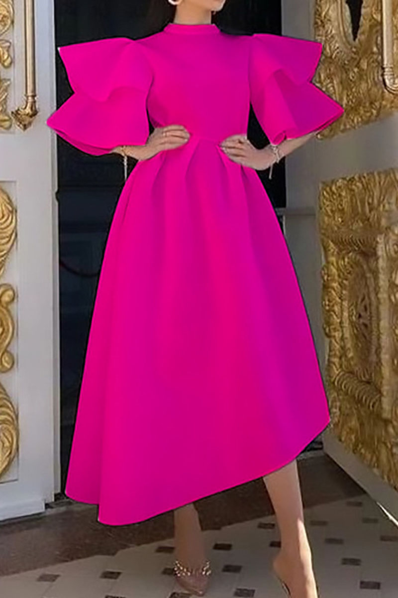 

Rose Red Casual Elegant Solid Split Joint Flounce Half A Turtleneck Evening Dress Dresses