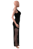 Zwarte mode sexy effen uitgeholde patchwork backless lange jurk met één schouder