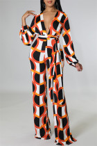 オレンジファッションカジュアルプリントベーシックVネックレギュラージャンプスーツ