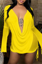 Желтые Модные Сексуальные Твердые Прозрачные Две Части С Открытой Спиной и V-образным Вырезом С Длинным Рукавом