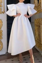 Blanco casual elegante sólido patchwork volante medio cuello alto vestido de noche Vestidos