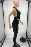 Черная модная сексуальная однотонная повязка с прозрачным вырезом на спине и бретельками без рукавов из двух частей