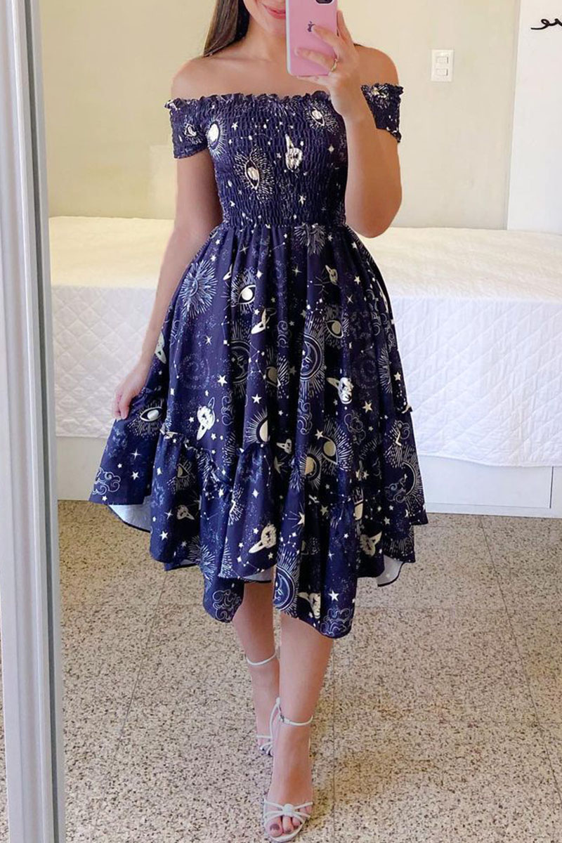 

Blue Casual Sweet Print Split Joint Fold Asymmetrical Off the Shoulder Irregular Dress Dresses