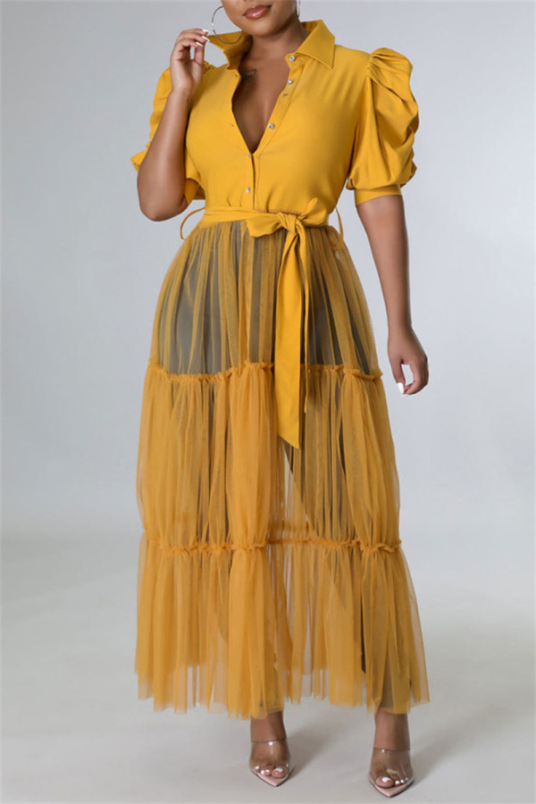 イエロー ファッション カジュアル ソリッド パッチワーク メッシュ ターンダウン カラー シャツ ドレス