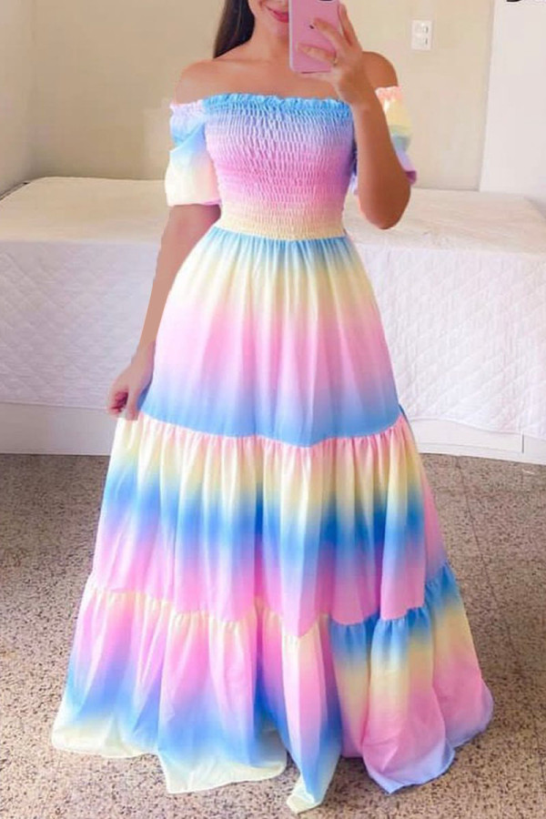 Kleur casual zoete print patchwork vouw off-shoulder bedrukte jurkjurken