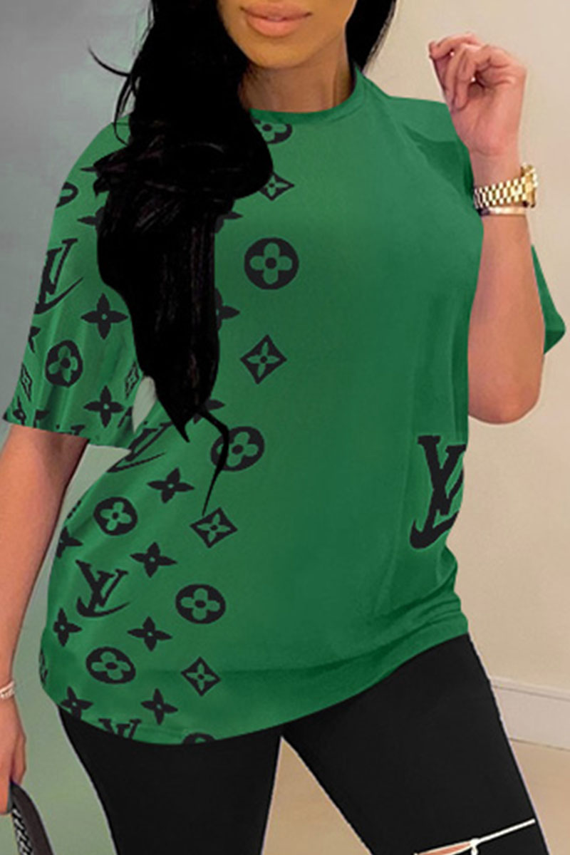 

Green Fashion Casual Print Patchwork O Neck T-Shirts