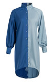 Blå Mode Casual Plus Size Solid Patchwork Asymmetrisk Turndown Collar Shirt Dress