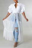 ホワイト ファッション カジュアル ソリッド パッチワーク メッシュ ターンダウン カラー シャツ ドレス