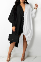 ブラック ファッション カジュアル プラス サイズ ソリッド パッチワーク 非対称ターンダウン カラー シャツ ドレス