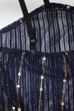 Tibetan Blue Sexy Bronzing Patchwork See-through Spaghetti Strap Straight Plus Size Dresses