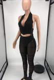Black Fashion Sexy Solid Bandage See-through Backless Halter Sleeveless Two Pieces