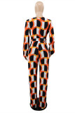 オレンジファッションカジュアルプリントベーシックVネックレギュラージャンプスーツ