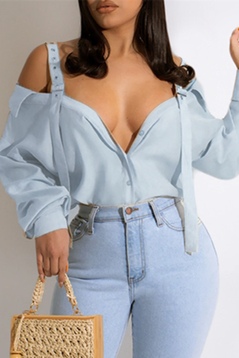 

Light Blue Fashion Casual Solid Split Joint Shirt Collar Tops