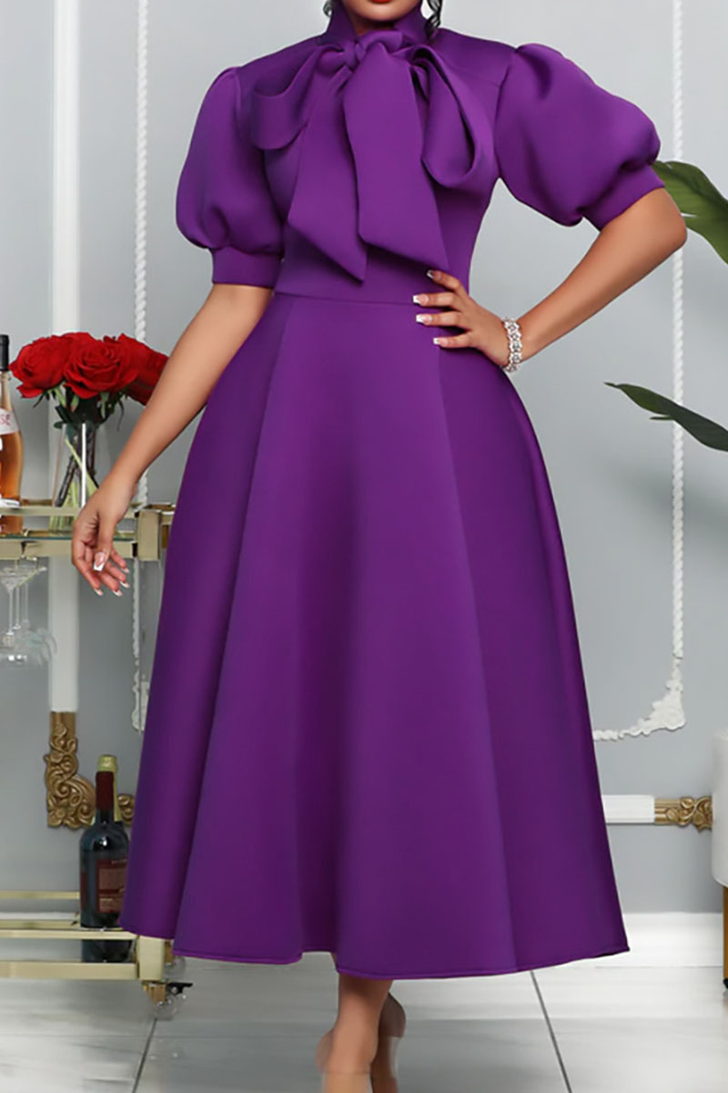 

Purple Elegant Solid Bandage Patchwork O Neck Evening Dress Dresses