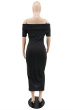 Black Fashion Casual Solid Patchwork Off the Shoulder Short Sleeve Dress