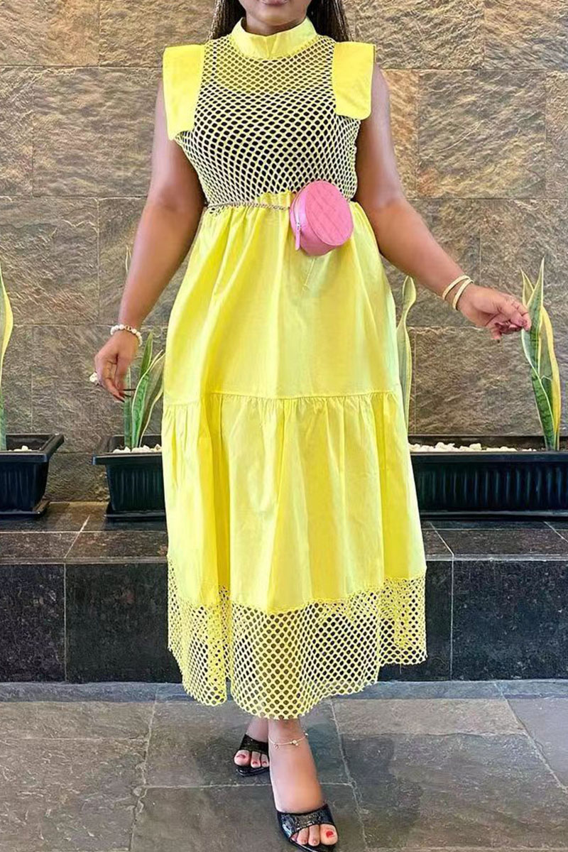 

Yellow Sexy Solid Hollowed Out Split Joint See-through O Neck Straight Dresses