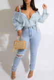 Light Blue Fashion Casual Solid Patchwork Shirt Collar Tops