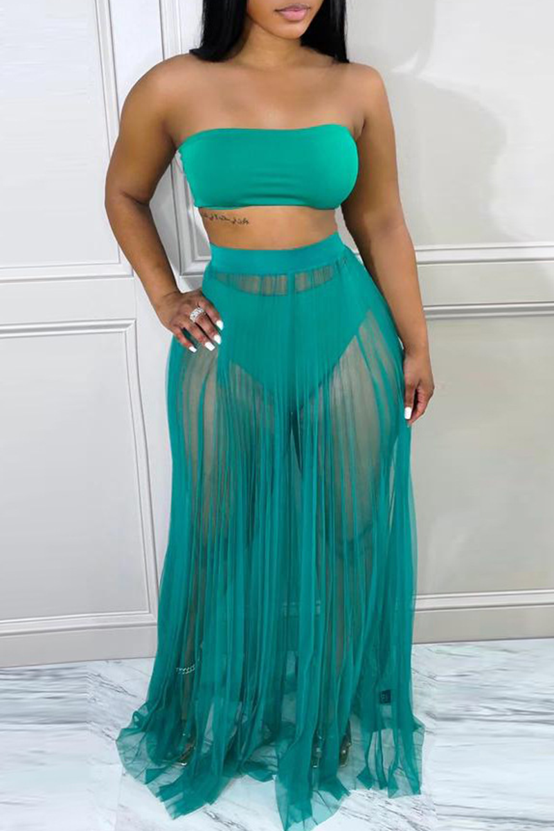 

Green Sexy Solid Mesh Strapless Sleeveless Two Pieces