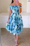Blue Casual Sweet Print Patchwork Fold Asymmetrical Off the Shoulder Irregular Dress Dresses