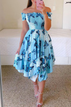 Sky Blue Casual Sweet Print Patchwork Fold Asymmetrical Off the Shoulder Irregular Dress Dresses