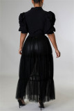 ブラック ファッション カジュアル ソリッド パッチワーク メッシュ ターンダウン カラー シャツ ドレス