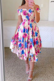 Pink Casual Sweet Print Patchwork Fold Asymmetrical Off the Shoulder Irregular Dress Dresses