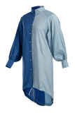 Blå Mode Casual Plus Size Solid Patchwork Asymmetrisk Turndown Collar Shirt Dress