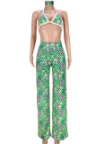 Leaf Print Sexy Street Print Patchwork Halter Sleeveless Two Pieces