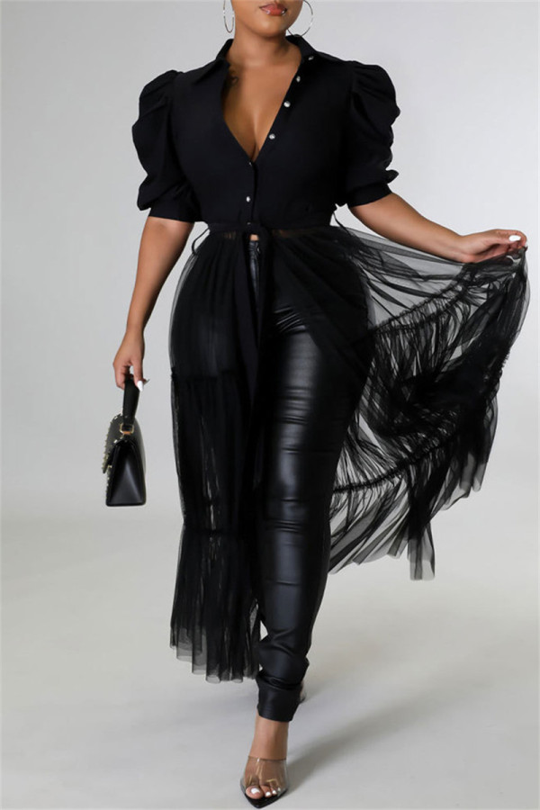 Черное модное повседневное однотонное платье-рубашка с отложным воротником в сеточку в стиле пэчворк