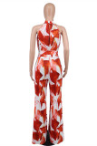 Red Fashion Casual Print With Belt O Neck Regular Jumpsuits