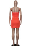 Tangerine Red Sexy Solid Patchwork Asymétrique Spaghetti Strap Sling Dress Robes