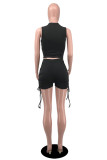 Noir Fashion Casual Solid Draw String Fold O Neck Sleeveless Two Pieces