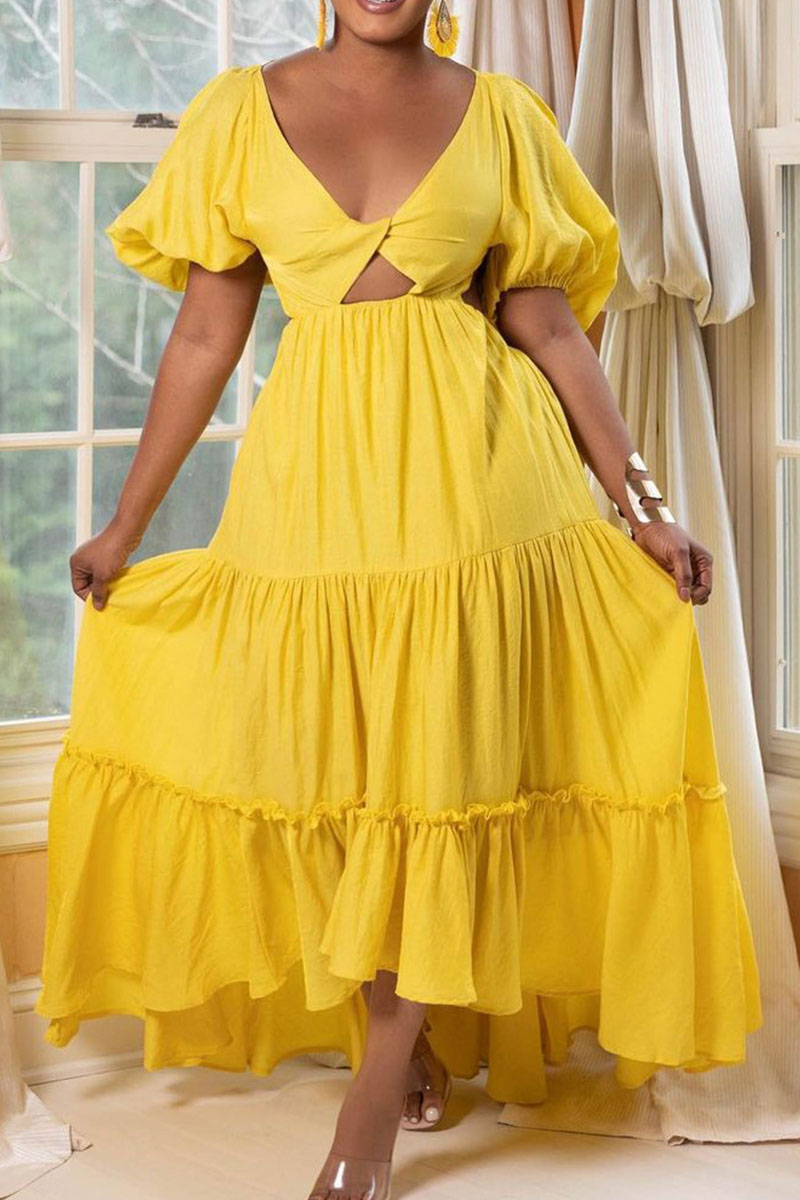 

Yellow Sexy Solid Hollowed Out Split Joint Backless V Neck A Line Dresses
