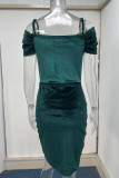 Black Elegant Solid Patchwork Asymmetrical Spaghetti Strap One Step Skirt Dresses