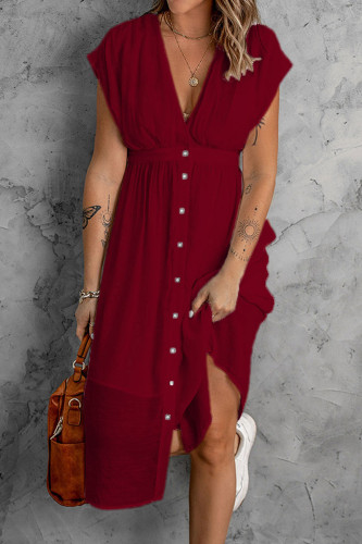 Burgundy Casual Solid Patchwork V Neck Straight Dresses