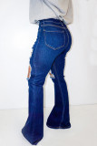 Dark Blue Fashion Casual Solid High Waist Regular Distressed Ripped Denim Jeans