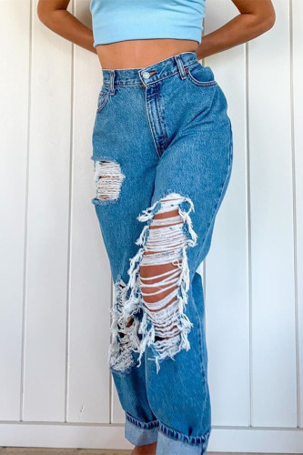 De cowboyblauwe mode casual effen gescheurde hoge taille regular denim jeans