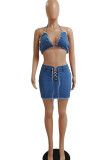 Blue Sexy Solid Bandage Patchwork Backless Halter Sleeveless Two Pieces