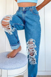 The cowboy blue Fashion Casual Solid Ripped High Waist Regular Denim Jeans