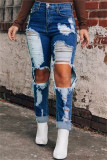 Donkerblauwe mode casual effen gescheurde hoge taille regular denim jeans