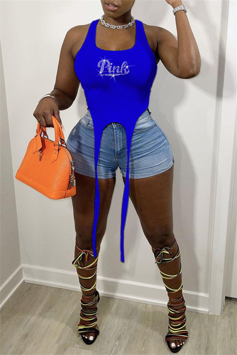 

Blue Sexy Casual Hot Drilling Asymmetrical O Neck Tops