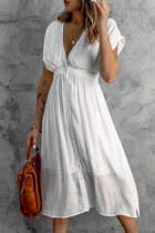 White Casual Solid Patchwork V Neck Straight Dresses
