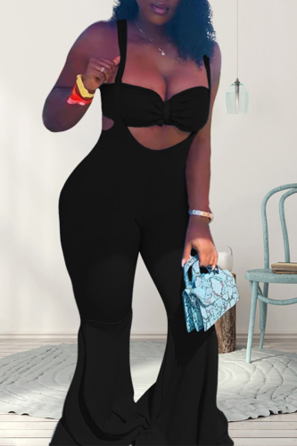 Black Sexy Solid Hollowed Out Spaghetti Strap Plus Size Two Pieces