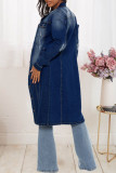 Dark Blue Fashion Casual Solid Ripped Turndown Collar Long Sleeve Regular Denim Jacket