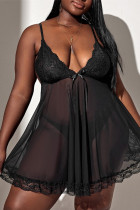 Schwarzes Sexy Living Plus Size festes, durchsichtiges, rückenfreies Sling-Kleid mit V-Ausschnitt