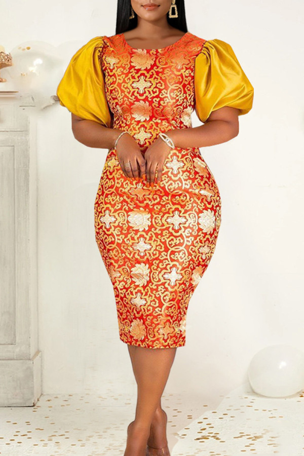 Orange Fashion Casual Print Patchwork Slit O Neck Evening Dress