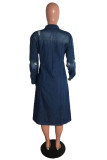 Dark Blue Fashion Casual Solid Turndown Collar Long Sleeve Regular Long Cardigan Ripped Denim Jacket