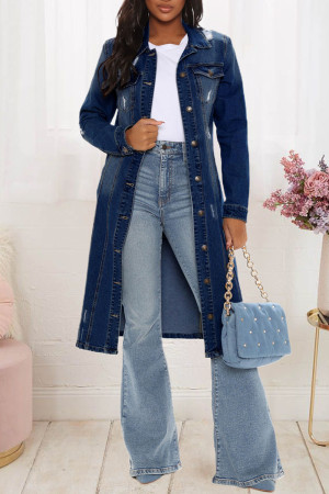 Dark Blue Fashion Casual Solid Turndown Collar Long Sleeve Regular Long Cardigan Ripped Denim Jacket