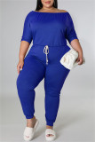 Blue Fashion Casual Solid Basic O Neck Plus Size Two Pieces