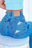Cowboyblå Mode Casual Solid Ripped High Waist Regular Denim Jeans